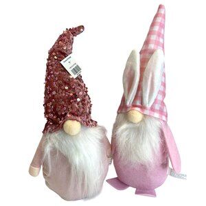 Holiday Easter Gnomes Plush Set 2 Rabbit Bunny Ears Sequin Hat Pink Pastel NWT